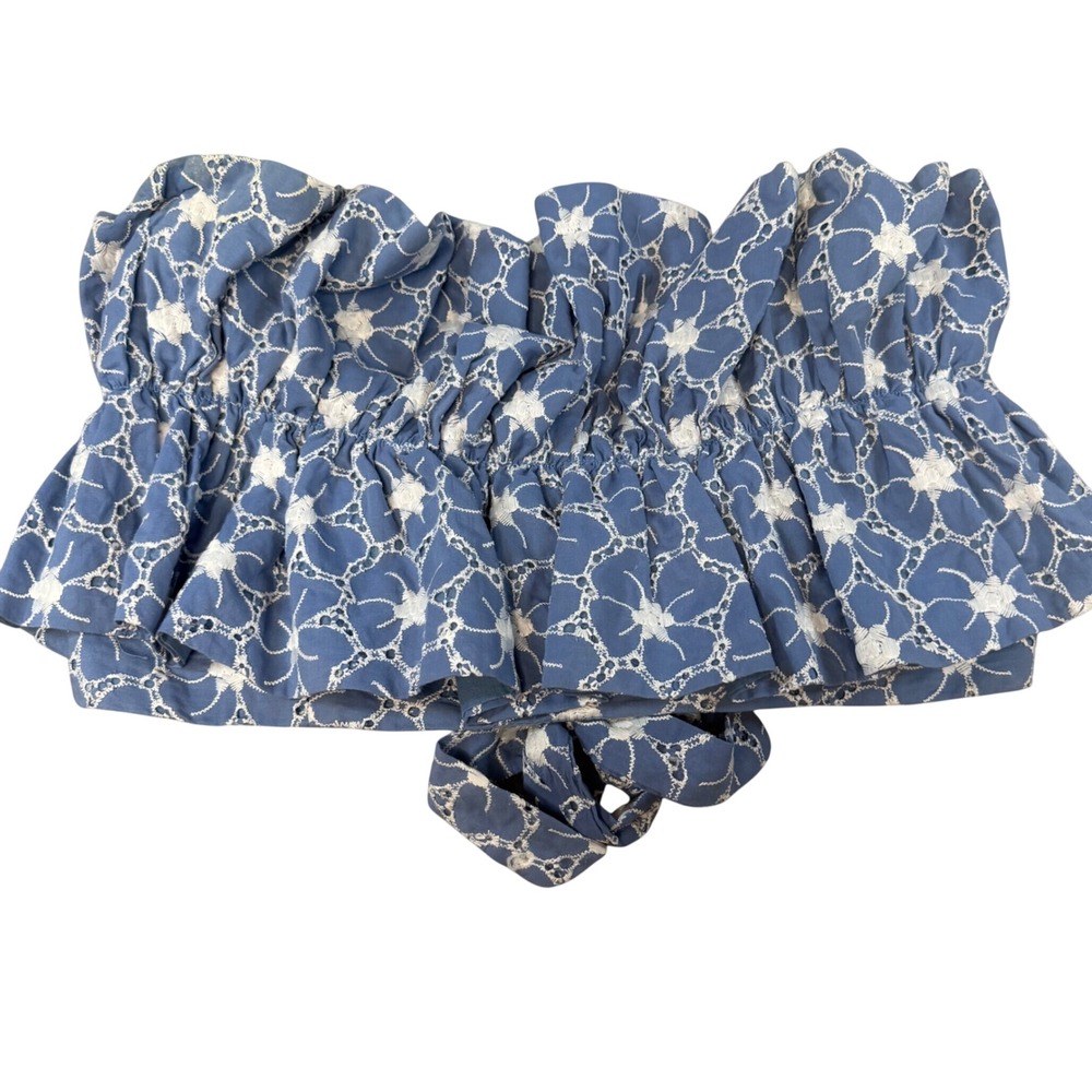 DO+BE Blue White Floral Eyelet Strapless Ruffle Tube Top Smocked‎ Y21546 L